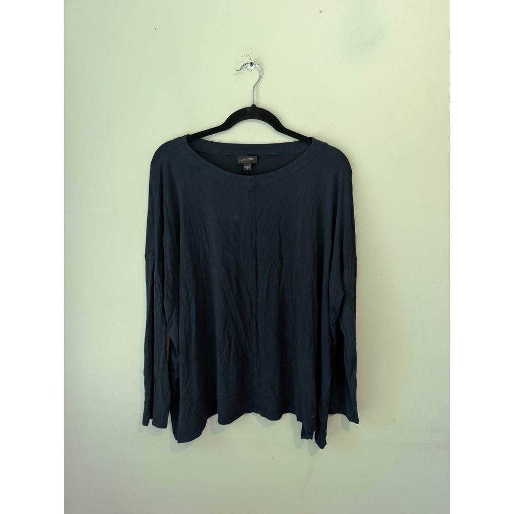 J. Jill Wearever Navy Blue Ribbed Sleeve Scoop Neck Top Large RN 97641